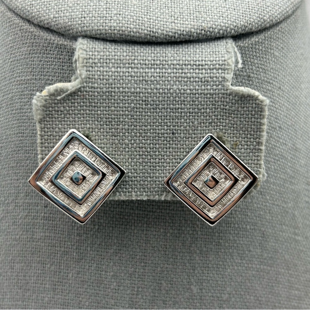 Vintage Monet Diamond Shaped 3D Textured Silver Tone Clip On Earrings
